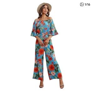 Tropical Blue Jumpsuit On or Off Shoulder Hawaiian Floral Outfit Size M